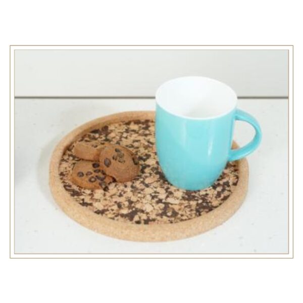 Speckled Cork Round Serving Tray with Aqua Mug and Decorative Cookies