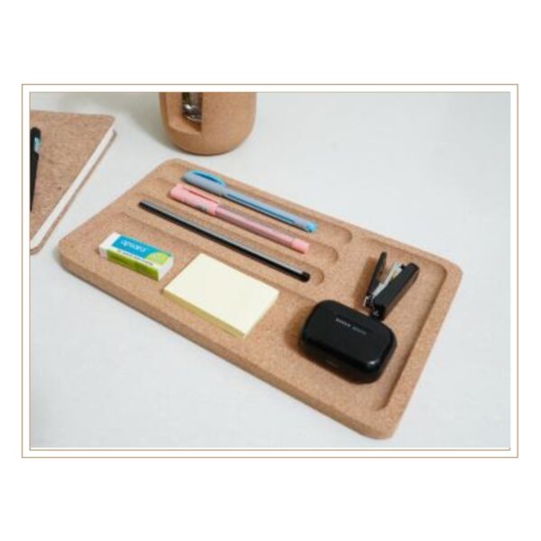 Eco-Friendly Multi-Slot Cork Organizer Block for Pens, Stationery, and Smartphone Display in Home and Office Environments