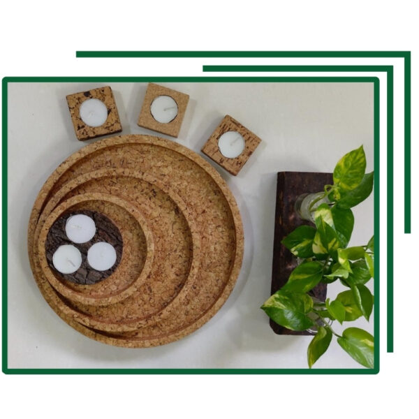 Multipurpose Nested Circular Cork Tray Set With Tea Light Holders And Square Brown Vase For Elegant Eco Decor