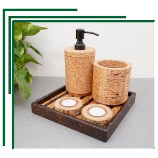 Stylish Cork Bath Set With Pump Dispenser, Tumbler, Tealight Holders And Artisan Tray For Sustainable Bathrooms