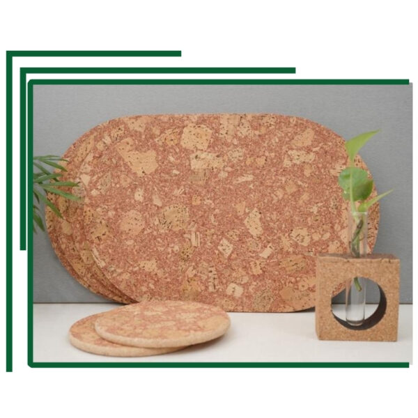 Sustainable Multipurpose Oval Cork Mat And Coaster Set With Decorative Vase For Stylish Green Kitchens And Tables