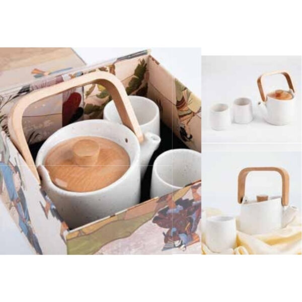 Contemporary Ceramic Tea Set With Wooden Handle