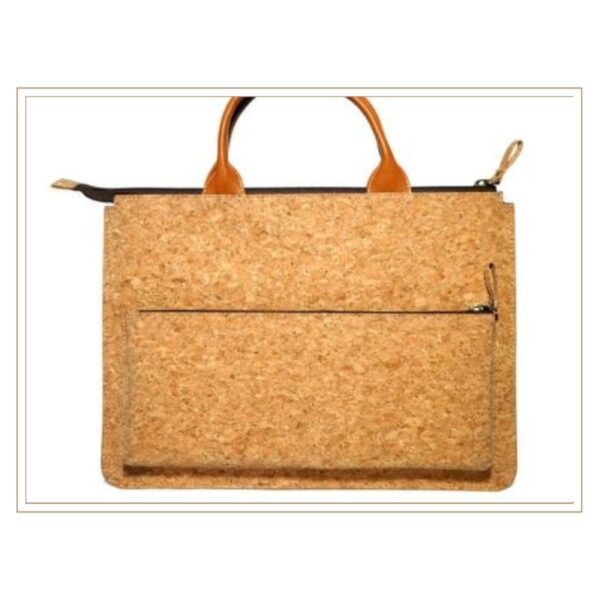 Premium Eco-Friendly Cork Laptop Bag with Tan Leather Handles and Zipper Pocket