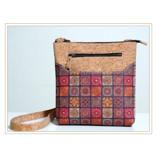 Compact Cork Crossbody Bag with Colorful Moroccan Tile Pattern and Adjustable Strap