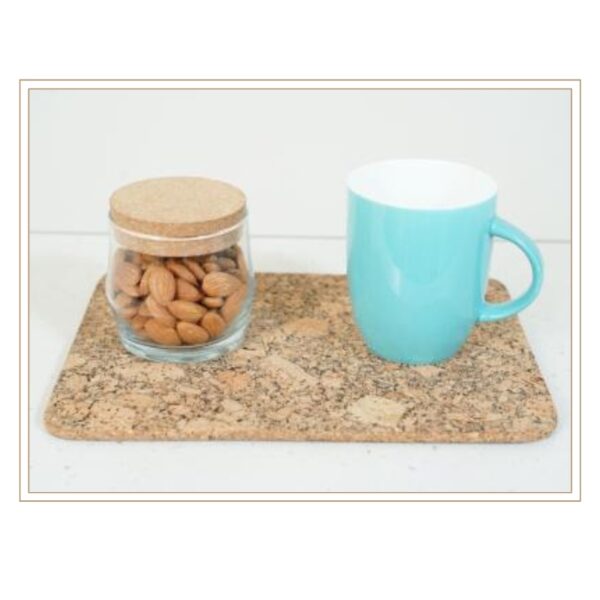 Natural Cork Rectangular Serving Tray with Glass Storage Jar and Aqua Mug