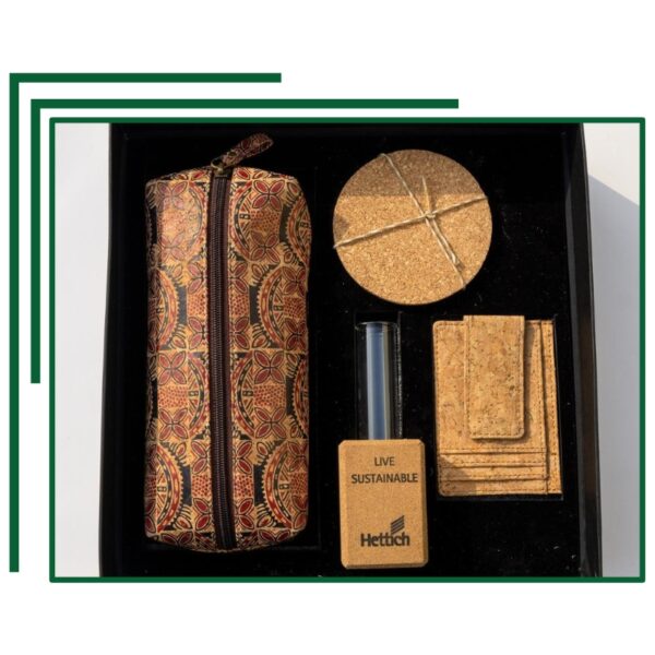 Eco-Friendly Sustainable Gift Set with Patterned Pouch, Cork Coasters, Card Holder, and Motivational Keychain
