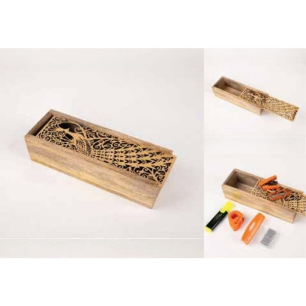 Peacock Engraved Wooden Stationery Box – 100% Made in India