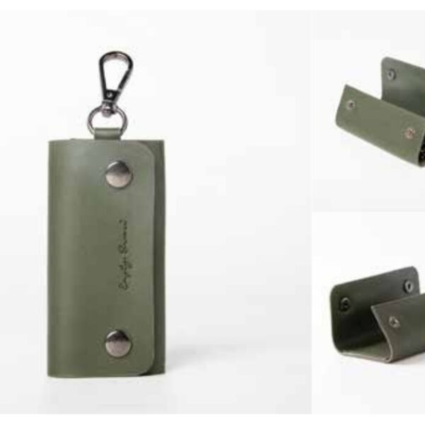 Olive Green Leather Key Holder with Secure Snap Closure – Premium Indian Craftsmanship