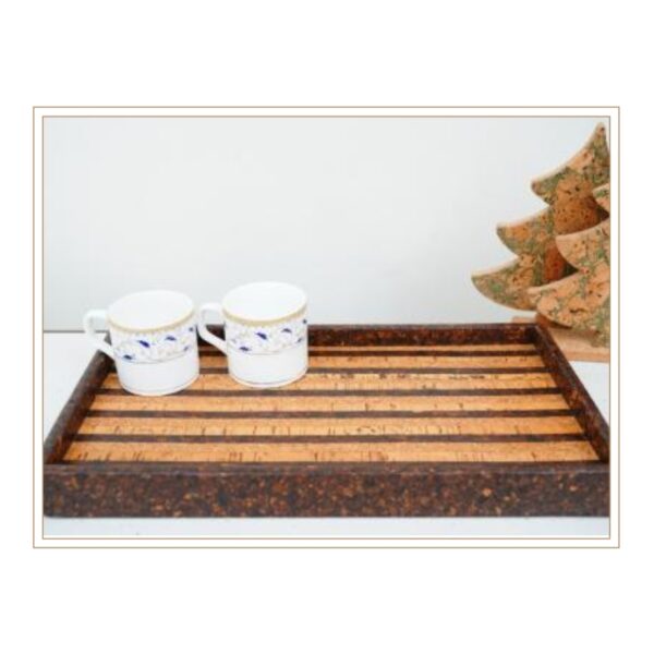 Designer Cork Serving Tray with Distinctive Striped Pattern and Contrasting Frame for Modern Entertaining and Stylish Table Service