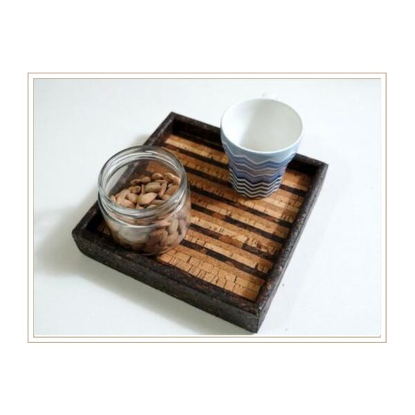 Compact Square Cork Serving Tray with Modern Linear Pattern for Intimate Coffee Service and Contemporary Table Settings