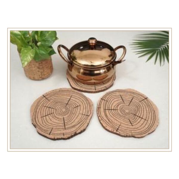 Natural Wood Slice Cork Trivets with Authentic Tree Ring Pattern Design for Rustic Kitchen Heat Protection and Organic Table Service