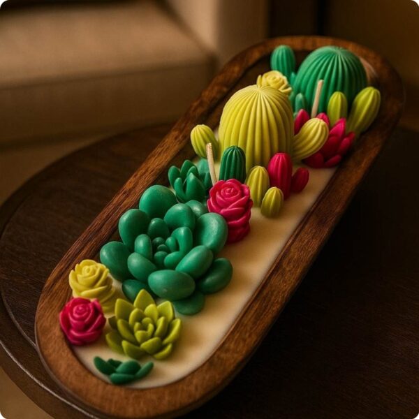 Artistic Succulent & Cactus Garden Scented Candle in Handcrafted Wooden Tray
